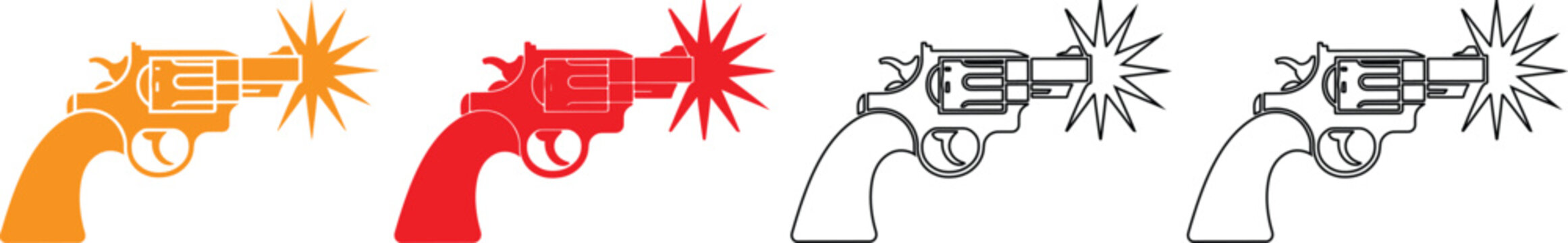 Four different colored revolver guns with explosion effects on white background  orange red black and white revolvers with burst  gun icons