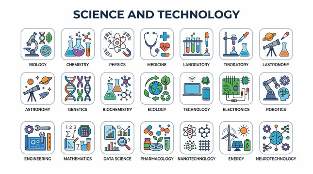 Science and Technology Icons Set Biology Chemistry Physics Medicine