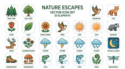 Fototapeta premium Nature Escapes Vector Icon Set 20 Elements