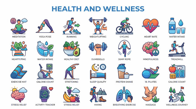 Health and wellness infographic with various icons and illustrations