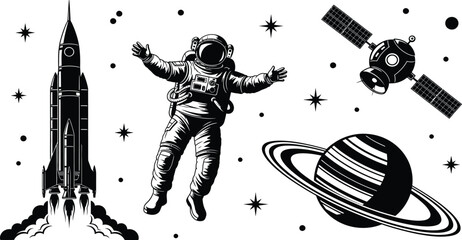 Retro space exploration illustration featuring astronaut, rocket launch, saturn planet, and satellite in black white vintage style © jamiul