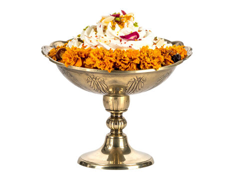 Chut wali motif in traditional brass pedestal with marigold garland and floral garnish