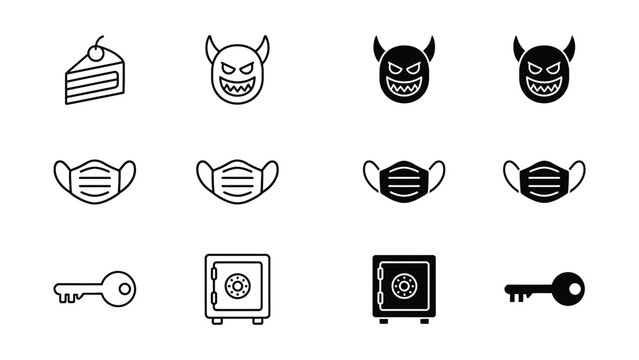 Mischievous icons combining food, masks, keys, and devilish faces in a playful arrangement