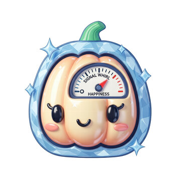Cute happy pumpkin character with happiness level meter icon