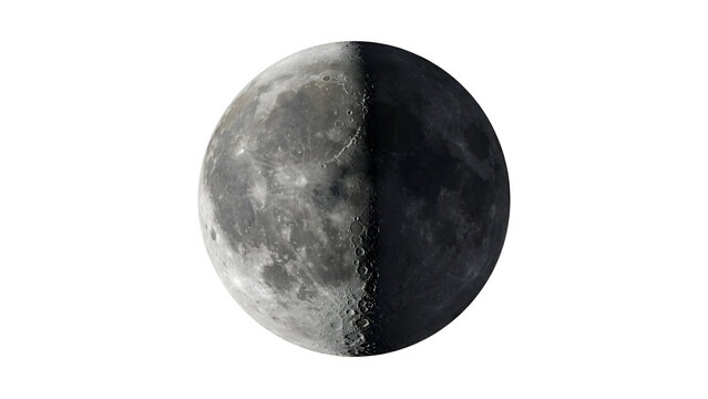 Half moon on transparent background with craters and gray surface