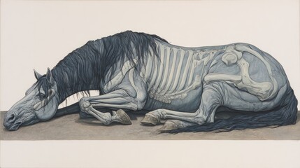 Fototapeta premium Detailed illustration depicts the anatomy and skeletal structure of a recumbent equine subject