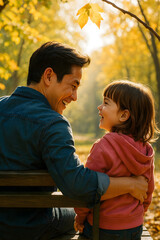 Fototapeta premium Happy Father and Daughter Bonding in Autumn Park – Warm Family Love and Emotional Connection Lifestyle Moment.