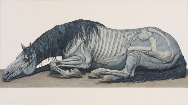 Detailed illustration depicts the anatomy and skeletal structure of a recumbent equine subject