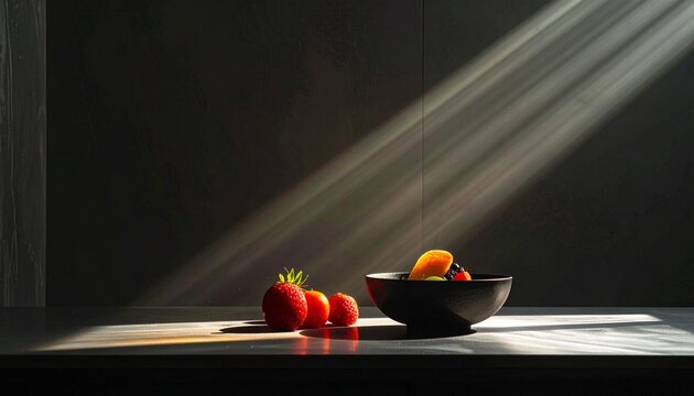 Artistic stock photo featuring a black bowl filled with fresh fruit and strawberries on a table, lit by dramatic beams of sunlight (Tyndall effect) against a dark backgroundr