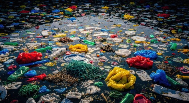 Massive environmental contamination evident in stagnant, murky water dominated by floating plastic waste and non-recyclable debris, dumping, nature, cleanup