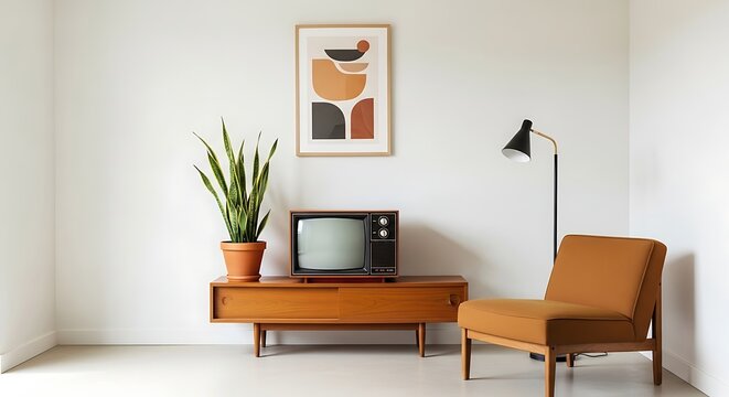Retro living room scene with mid century modern furniture and art decor