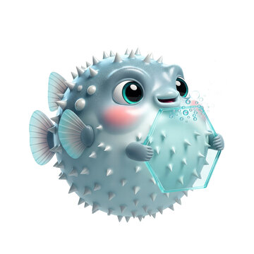 Cute puffer fish with hexagon bubble