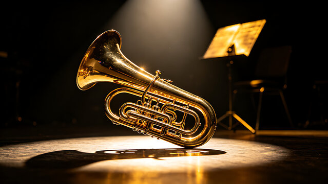 euphonium. Polished brass euphonium gleaming under spotlight on dark stage with blurred music stand. event programs, museum guides, designed for cultural heritage projects and event programs.