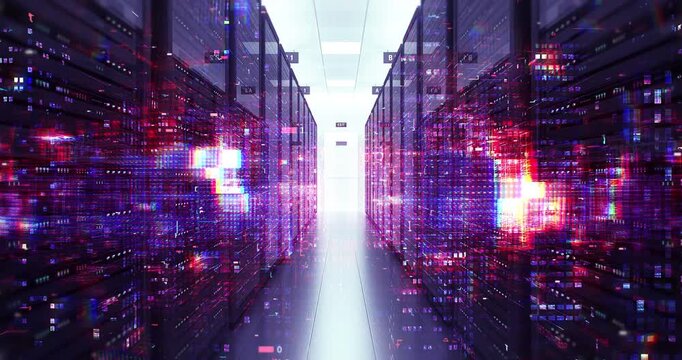 Futuristic technology background with server racks and data effects. Technology And AI Related 3D Animation.