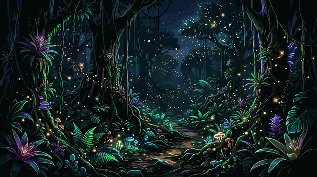 Mystical twilight forest path adorned with bioluminescent plants and fireflies, creating a magical and dreamlike tropical landscape