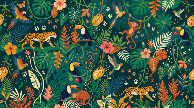 Vibrant Tropical Jungle Illustration Showcasing Exotic Wildlife Including Jaguars, Macaws, Monkeys, and Toucans Amidst Lush Green Foliage and Colorful Flowers, a Rich Rainforest Biodiversity Scene