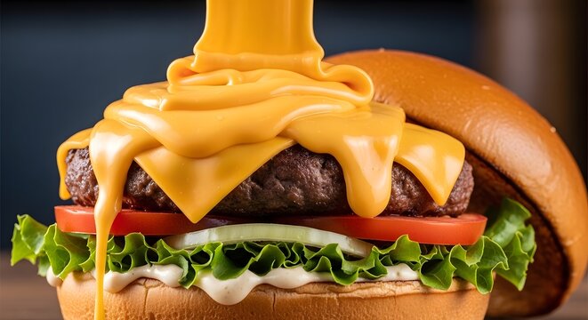 Fresh juicy beef burger with melting yellow cheddar cheese dripping down onto a garden salad of tomato and green lettuce