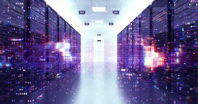 Digital data transmission through servers in a modern datacenter. Technology And AI Related 3D Animation.