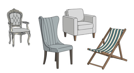 Fototapeta premium Collection of four chairs including a classic ornate armchair, a modern wingback, a club chair, and a striped beach deck chair for decor.