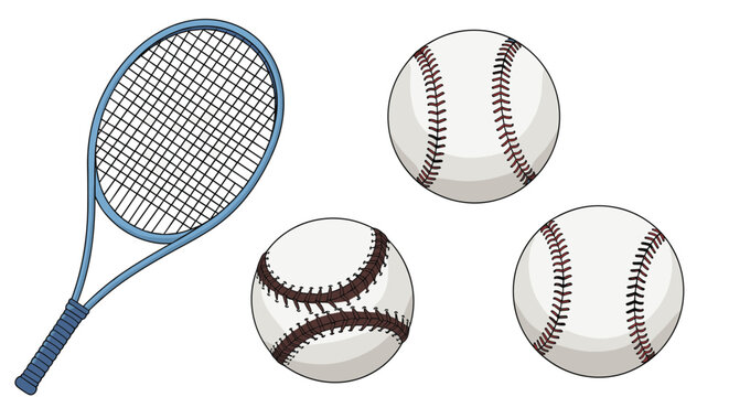 Blue tennis racket is shown alongside three white baseballs with red stitching, representing different sports and athletic activities.