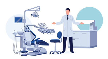 Fototapeta premium Male dentist in a professional white coat standing in a modern dental office with a patient chair and medical equipment.