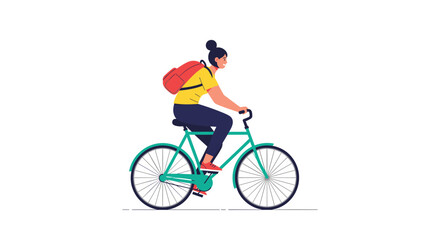 Fototapeta premium Active young woman with a red backpack riding a green bicycle outdoors against a clean white background illustration.