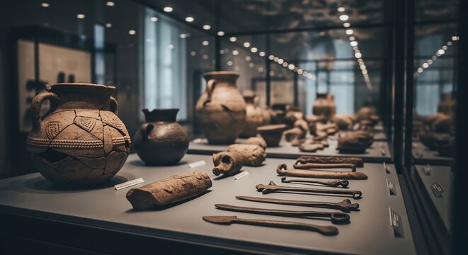 Ancient Pottery and Artifacts Displayed in Museum Exhibit.