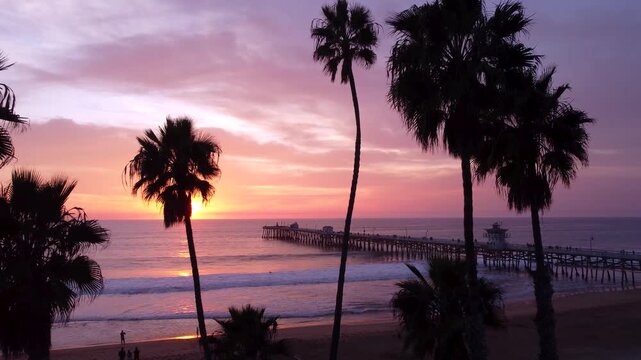 Pier Overlooking Beautiful Colorful Sunset on beach. Cinematic Silhouette of Palm Trees in the foreground. San Clemente, Orange County, California