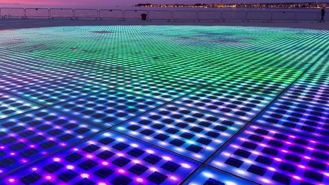 Evening scene in Zadar after sunset with colorful horizon light and the Greetings to the Sun installation glowing and shifting, with a distant dark figure in the calm atmosphere.