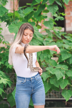 Young woman holding a python snake in an abandoned urban environment, wild concept