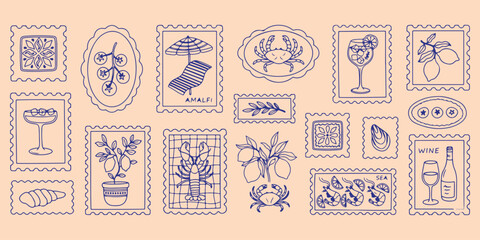 Summer holiday and coastal stamps, beach vacation and travel icons, hand drawn summer souvenir doodle, minimalist tropical themed line art, creative island holiday illustration sketch, coastal scenery © Geetaroy