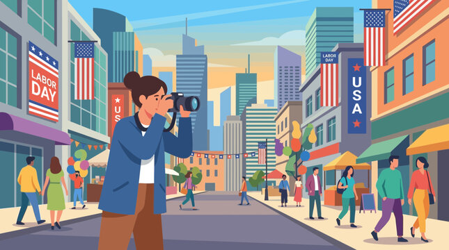 Photographer capturing Labor Day celebration on busy city street