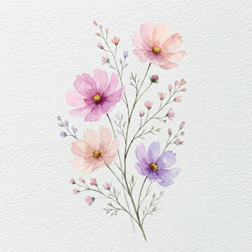 wild flowers on white, watercolor painting