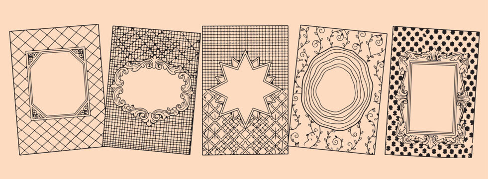 Checkered and star border frames, geometric pattern line art set, brown retro frame collection, unique starburst border designs, minimalist checkered label vectors, artistic geometric frame art, vinta