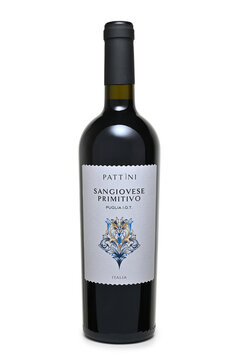 ST. PETERSBURG, RUSSIA - APRIL 12, 2026: Bottle of Pattini Sangiovese Primitivo, Puglia IGT, Italy
