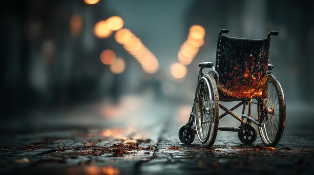Abandoned wheelchair on a wet city street at night with dramatic bokeh lights conveying disability, loneliness, vulnerability and a silent plea for help and support