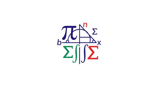Abstract mathematical illustration featuring fundamental symbols and equations on a white background