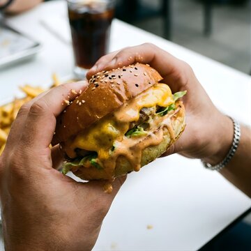 Close Up Hands Grabbing Juicy Cheeseburger with Melting Cheese &ndash; Candid Fast Food Action Shot