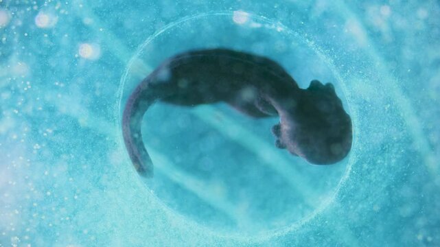 A small moving tadpole embryo in frogspawn egg under microscope