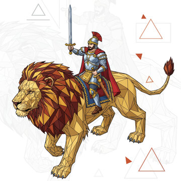 Medieval Knight Riding Lion with Sword.