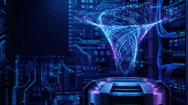 Digital data vortex in server room, blue and purple light swirl above storage unit