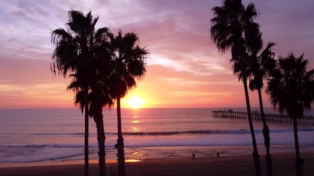 Beautiful Colorful Sunset on beach. Cinematic Silhouette of Palm Trees in the foreground. San Clemente, Orange County, California