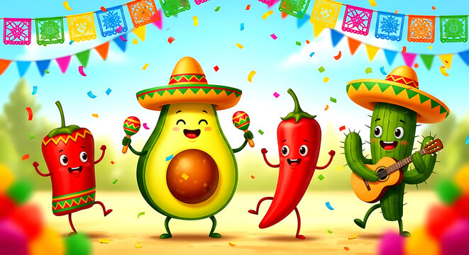 Cute cartoon Mexican characters celebrating a fiesta, dancing and playing music under colorful papel picado banners.
