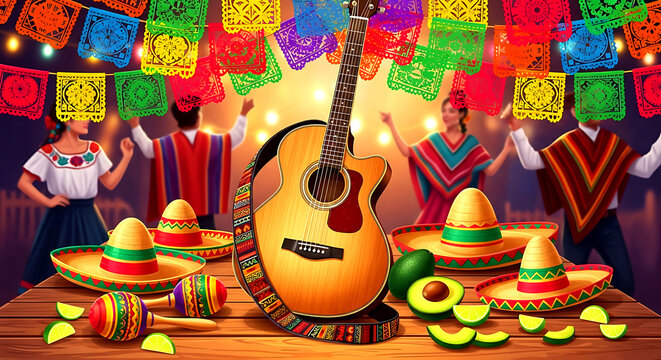 Festive Mexican celebration with acoustic guitar, sombreros, and dancing figures under colorful banners