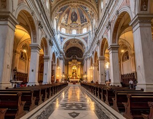Obraz premium Interior view of a grand cathedral, showcasing a long aisle flanked by pews, leading towards an ornate altar under a detailed dome