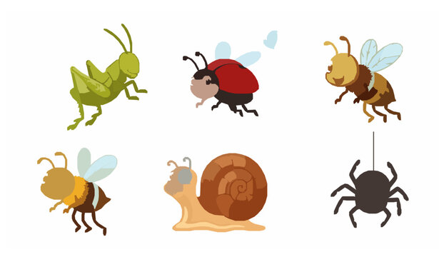 Funny insect cartoon collection vector grasshopper bee ladybug snail kids set