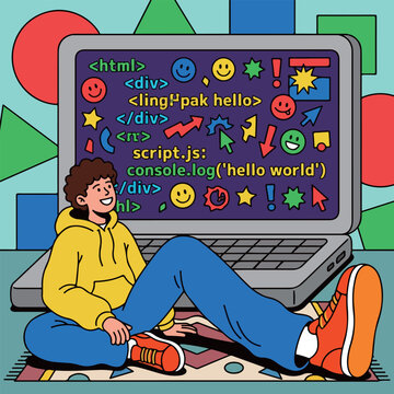 Programmer with Laptop Coding 'Hello World'