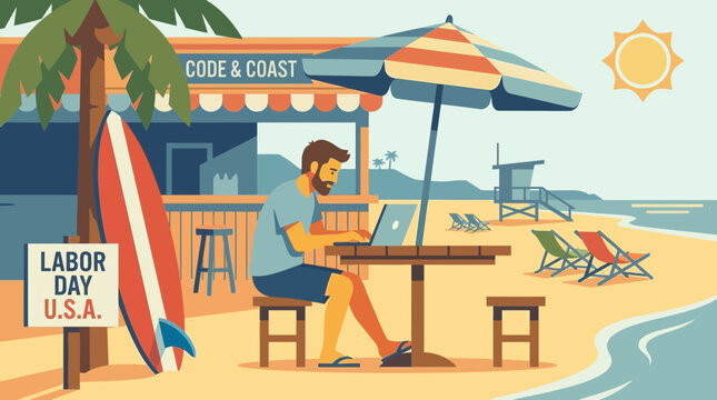 Digital Nomad Working on Laptop at Beach for Labor Day