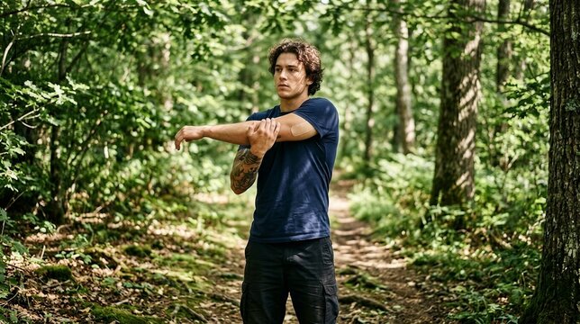 Young man stretching arm preparing for outdoor workout