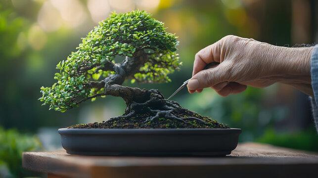 Bonsai Pruning An elderly person's hands delicately pruning a miniature bonsai tree with small scissors